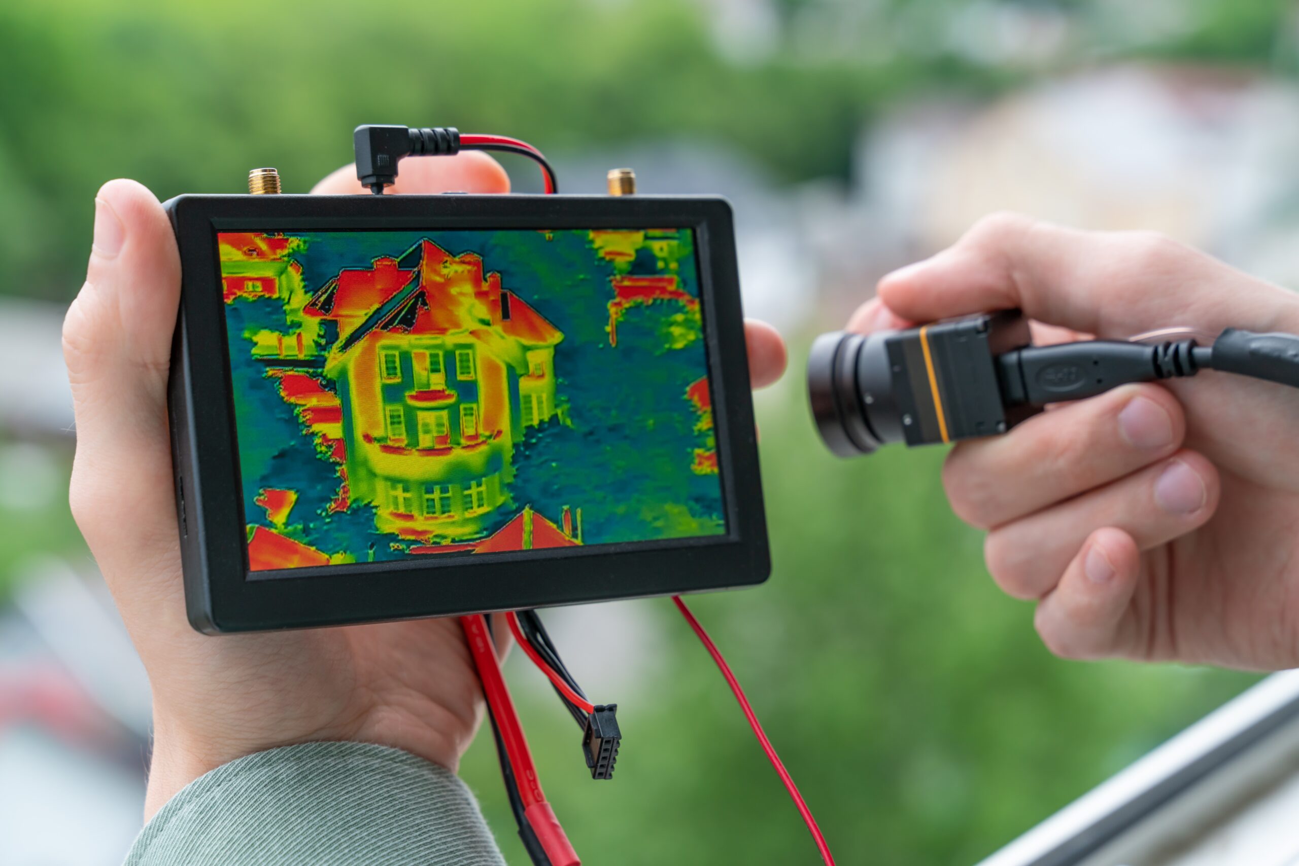 Thermografische Drohneninspektion eines Gebäudes. Ansicht auf kleinem Bildschirm