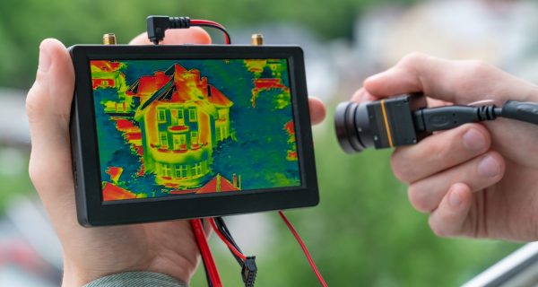 Thermografische Drohneninspektion eines Gebäudes. Ansicht auf kleinem Bildschirm